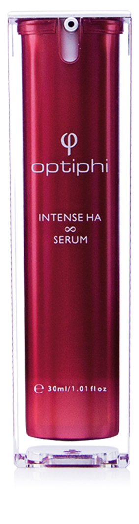 Produktfoto: Rote Pumpflasche mit weißer Aufschrift Intense HA Serum für eine straffe jugendliche Haut