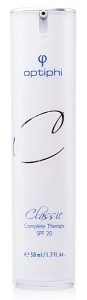 Produktfoto: weiße Pumpflasche mit blauer Aufschrift Complete Therapie. Feuchtigkeitscreme mit Sonnenschutz SPF 20