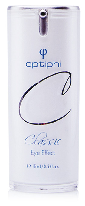 Produktfoto: Eye Effect weiße Pumpflasche mit blauer Aufschrift. Augencreme für kleine Fältchen und dunkle Ringe